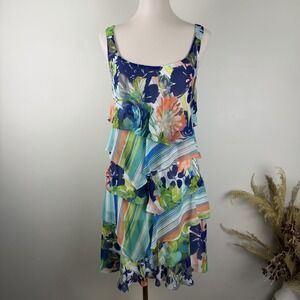 Robbie Bee Size 14 Blue Floral Chiffon Tiered Sleeveless Shift Dress